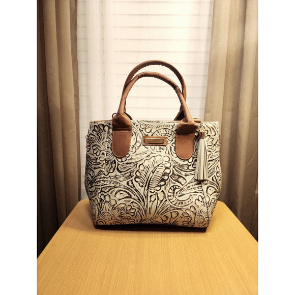 Brown Off White Zippered Floral Embossed Tooled Artisanal LEATHER Bag Purse - Picture 5 of 15